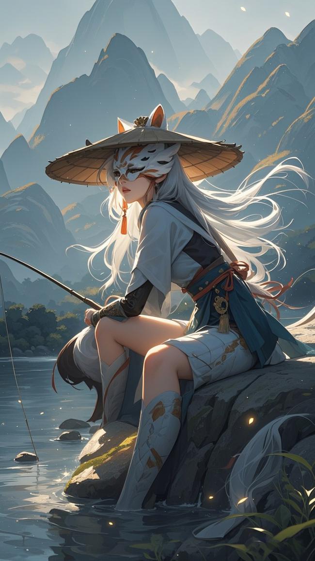 狐面少女垂钓山水间