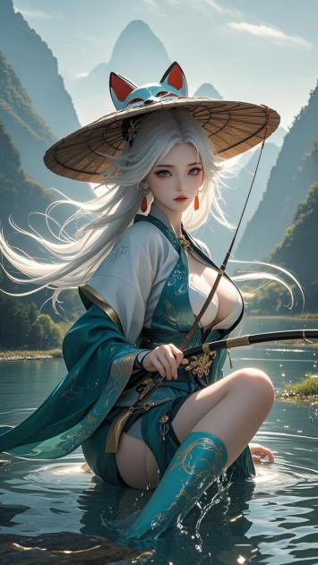 仙侠狐女垂钓山水间