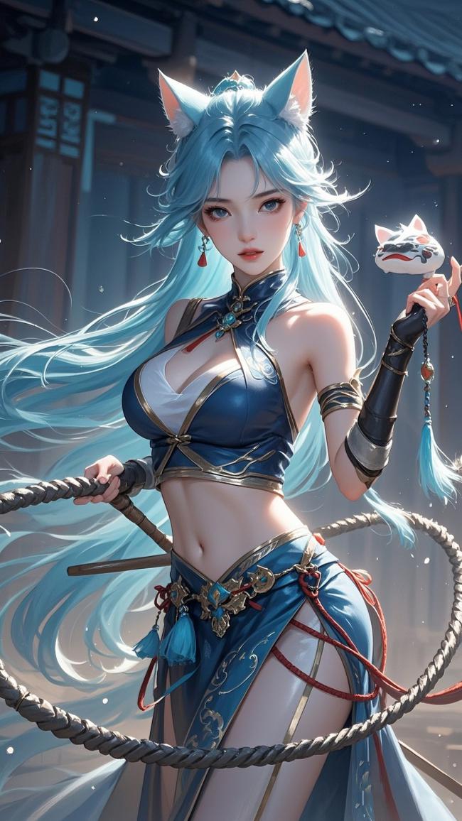 蓝发狐耳战姬3D插画