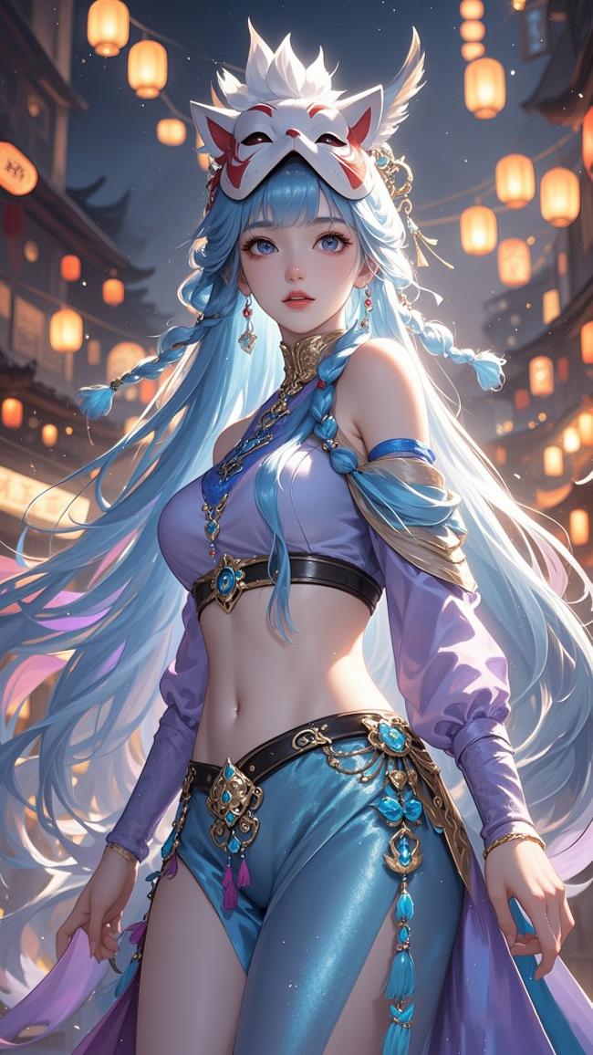 蓝发狐面仙子立于灯笼古街，3D渲染仙侠风绝美插画