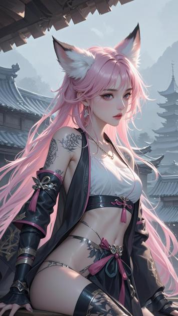 粉发狐耳仙侠少女插画，古风战衣映山景