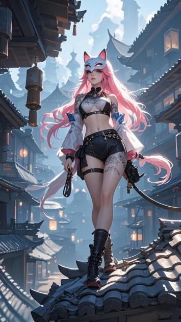 狐耳少女立于古檐，仙侠玄幻风视觉盛宴