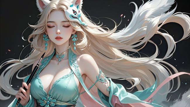 青衣狐仙持杖静立，新国潮仙侠风插画