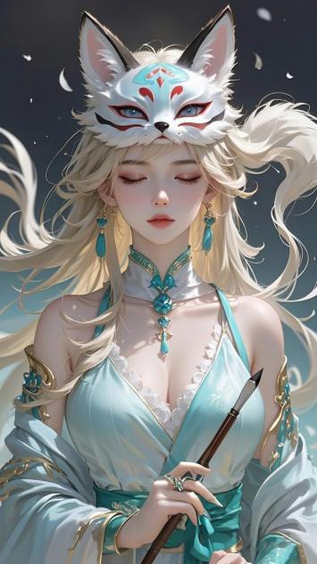 狐妖仙子持笔立于花瓣雨中