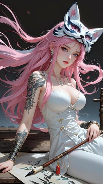 狐耳少女持笔作画，汉服写真风二次元插画