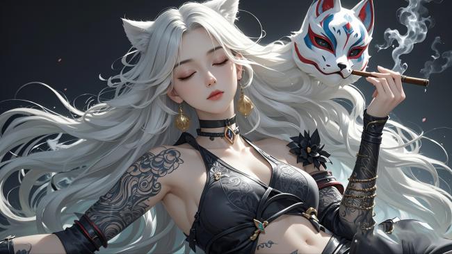 白发狐耳少女持狐面雪茄写真