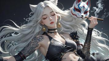 白发狐耳少女持狐面雪茄写真