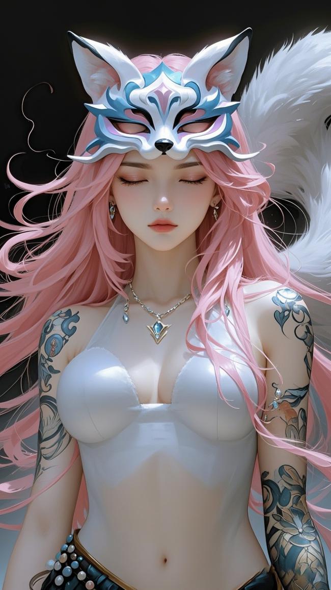 粉发狐女闭目如梦，二次元立绘风唯美绝伦