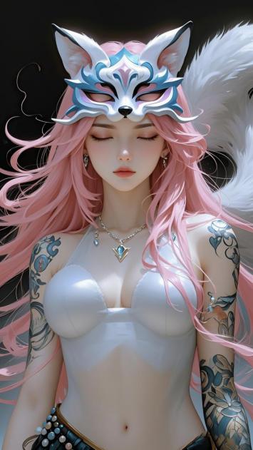 粉发狐女闭目如梦，二次元立绘风唯美绝伦