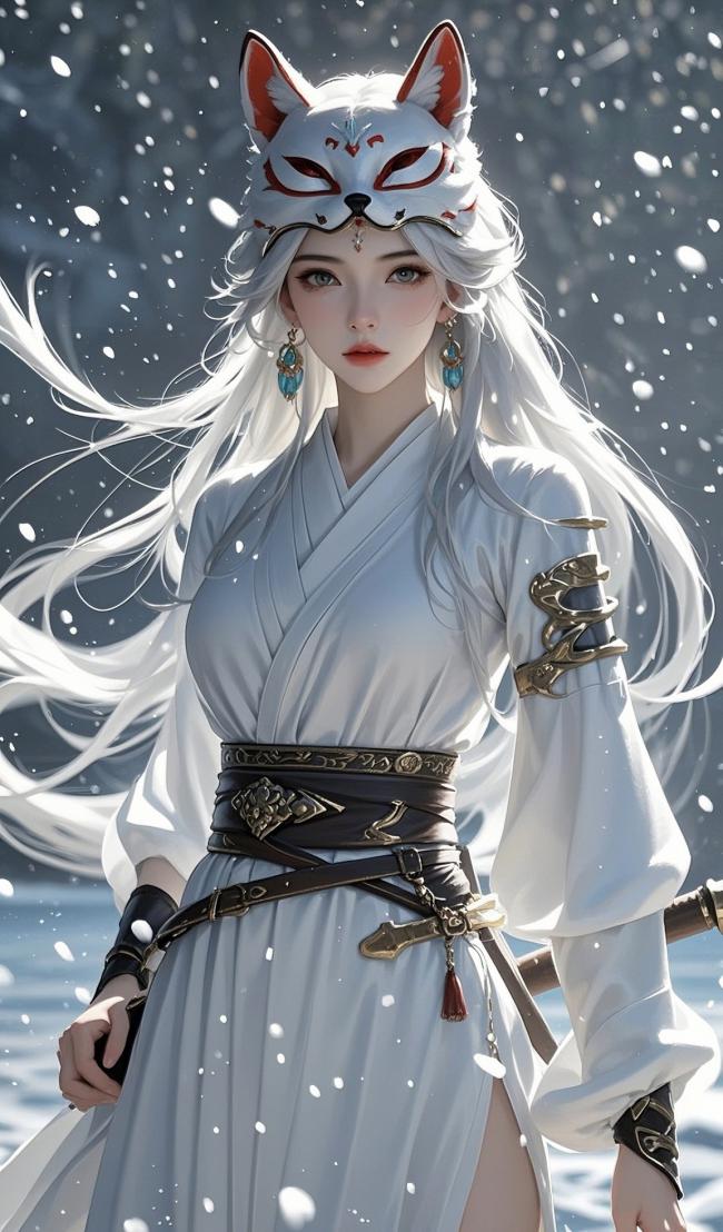 雪中狐面仙子，银发汉服写真风