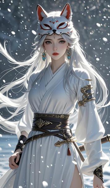 雪中狐面仙子，银发汉服写真风