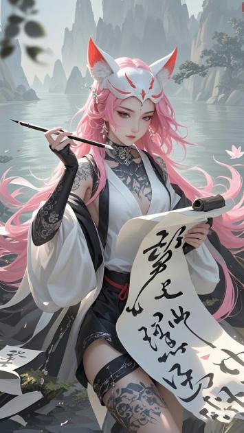 狐耳仙子执笔书卷，水墨仙侠风插画