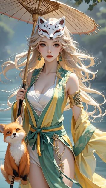 狐妖少女持伞立于水畔，相伴小狐萌态可掬