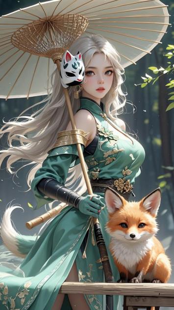 仙侠少女持狐伞伴灵狐林间写真