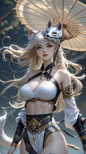 狐妖战姬持伞立庭，仙侠风3D写真图