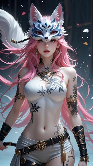 狐妖战姬写实插画，粉发面具惊艳全场