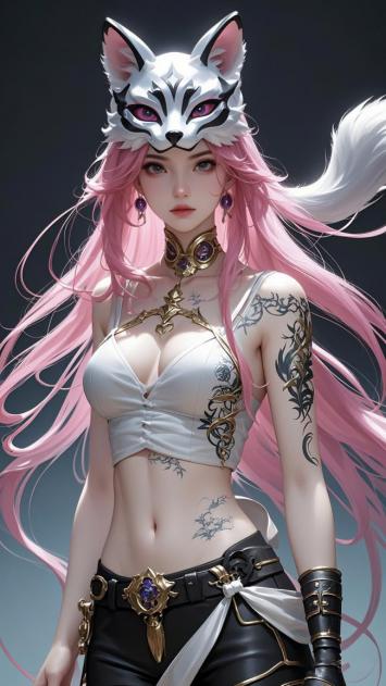 狐妖少女赛璐璐插画，粉发紫瞳，华丽战装