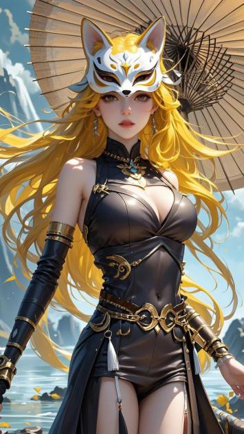 金发狐面战姬立于山水间