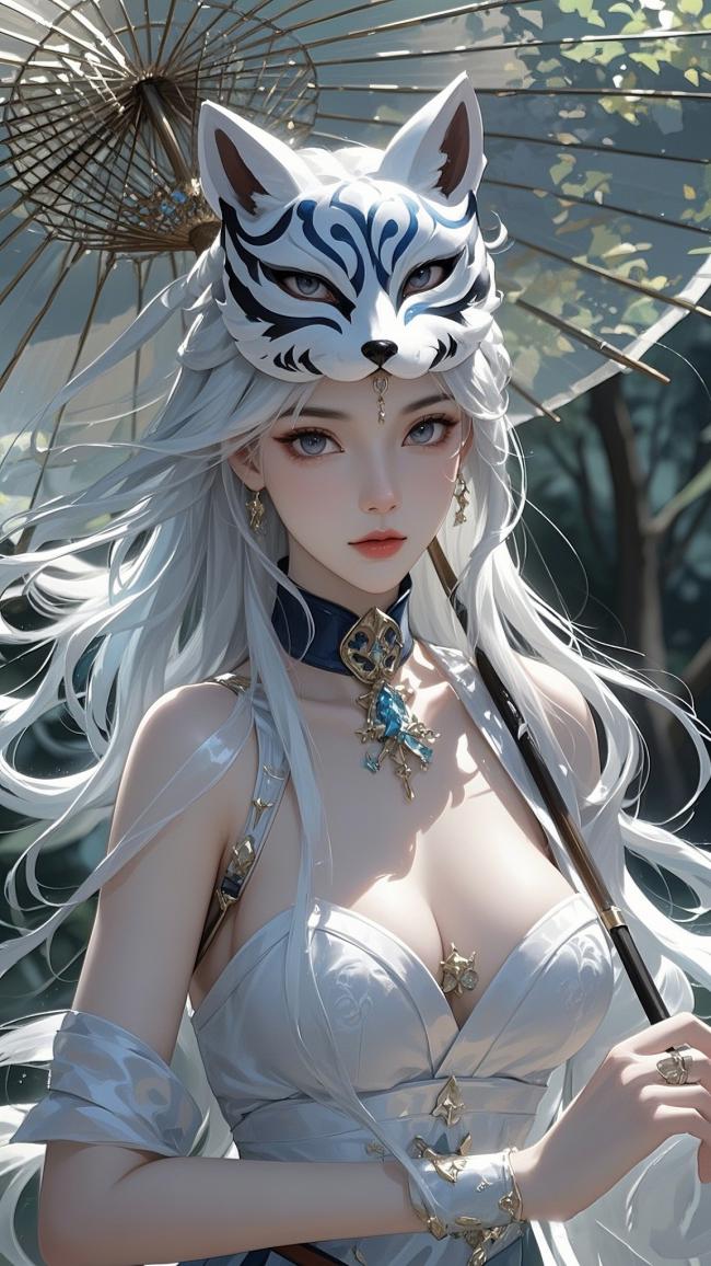 狐面仙姬持伞立林间，3D写实东方幻想风