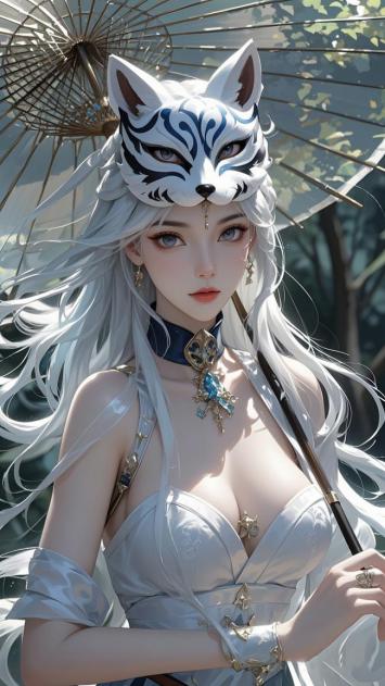 狐面仙姬持伞立林间，3D写实东方幻想风