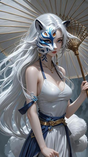 银发狐面少女持伞立于云雾间