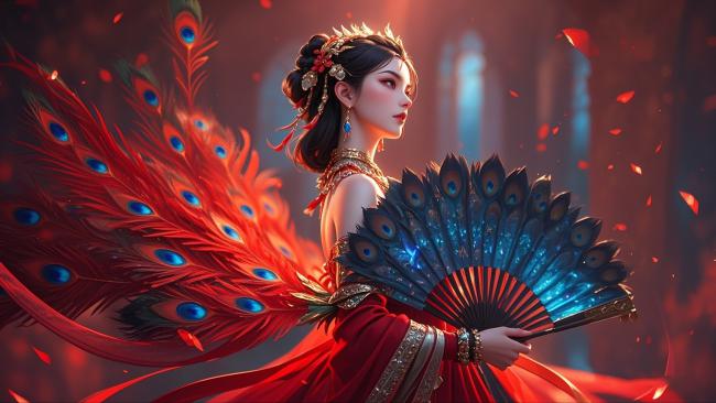 仙侠红裙孔雀女，羽翼飞扬幻境中