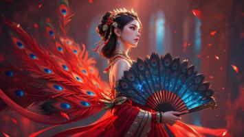 仙侠红裙孔雀女，羽翼飞扬幻境中