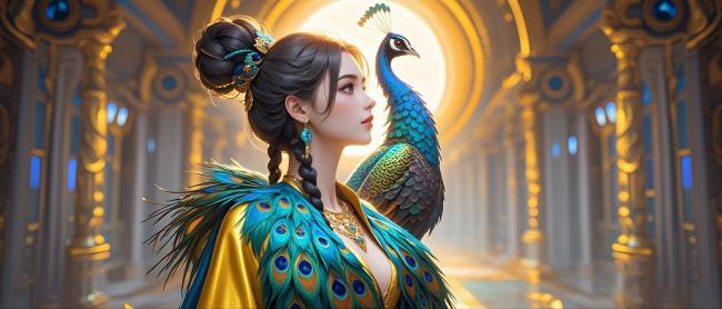 仙侠女神与孔雀共舞金色殿堂