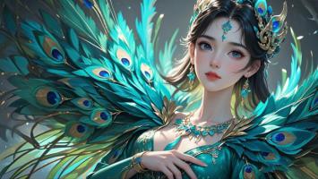 孔雀仙子新中式插画，羽翼璀璨如梦