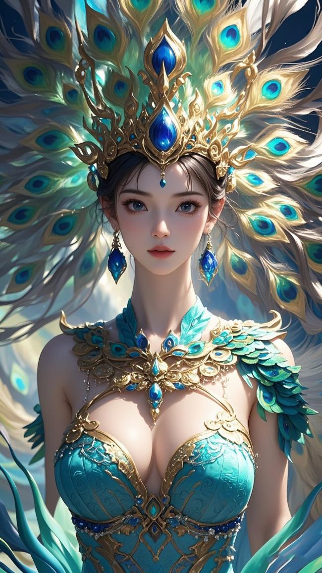 孔雀神女华丽写真，仙气缭绕蓝金华服