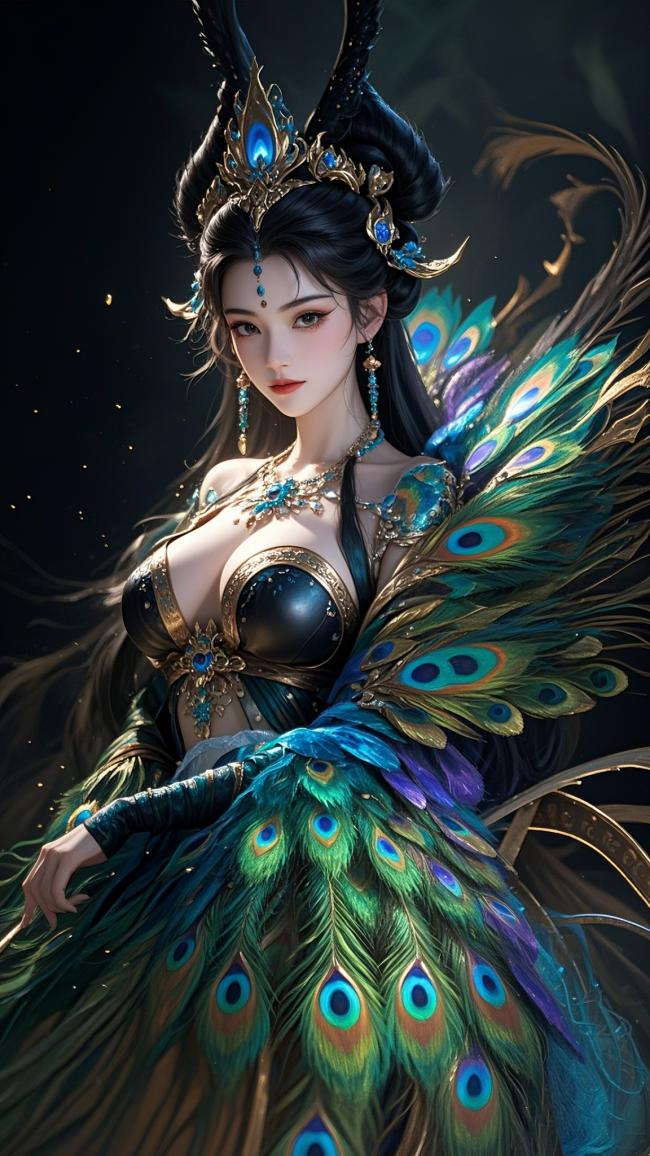 孔雀仙子神话插画：暗夜华裳，羽翼生辉