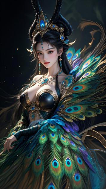 孔雀仙子神话插画：暗夜华裳，羽翼生辉