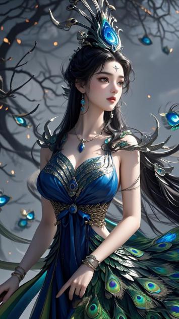 孔雀仙子幻境图：蓝羽华裳映幽林