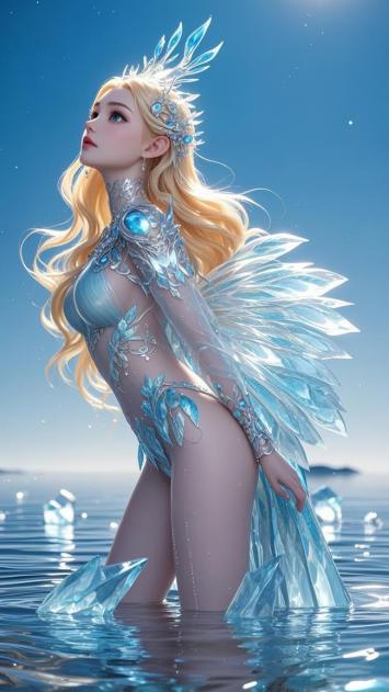 冰霜仙子立海中，水晶翅膀映蓝天