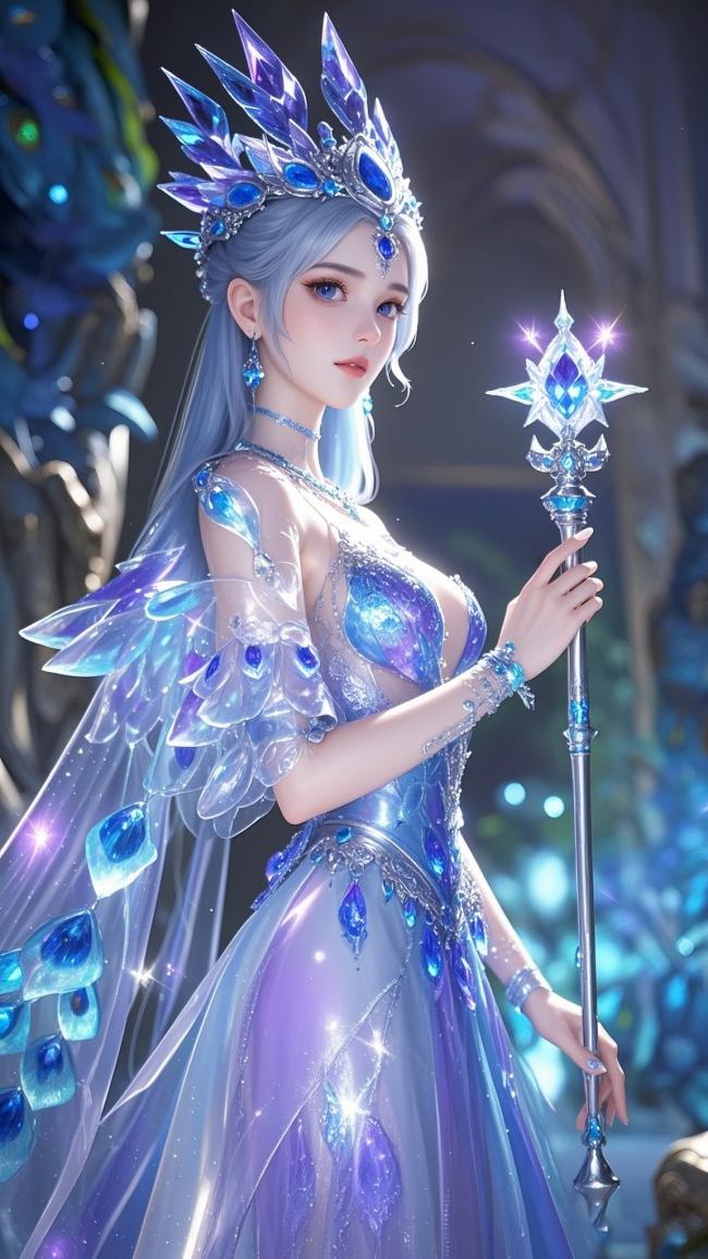 冰晶仙子持法杖，蓝紫华服闪耀奇幻世界