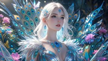 银发孔雀仙子奇幻插画