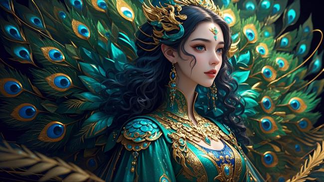 孔雀神女3D写实插画，华服金冠展羽翼