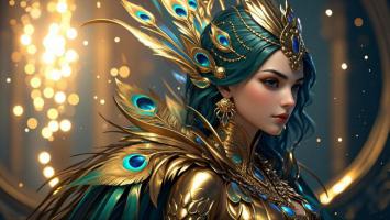 孔雀女神油画肖像，幻梦般神圣光芒