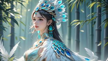 孔雀仙子立竹林，仙气飘飘蓝白华裳