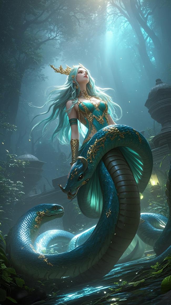 蛇神女神伫立幽林，光束穿林而下，神秘幻境尽显