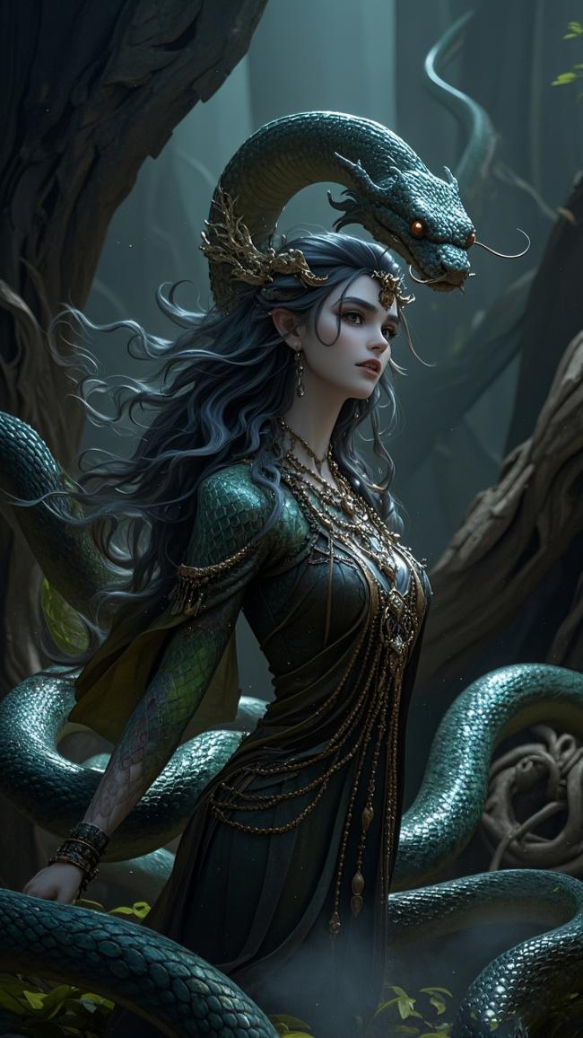 蛇神女神幽林伫立图