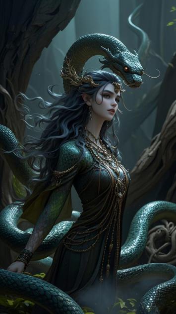蛇神女神幽林伫立图