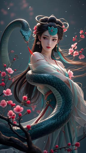 青蛇缠身仙子樱花飞舞图