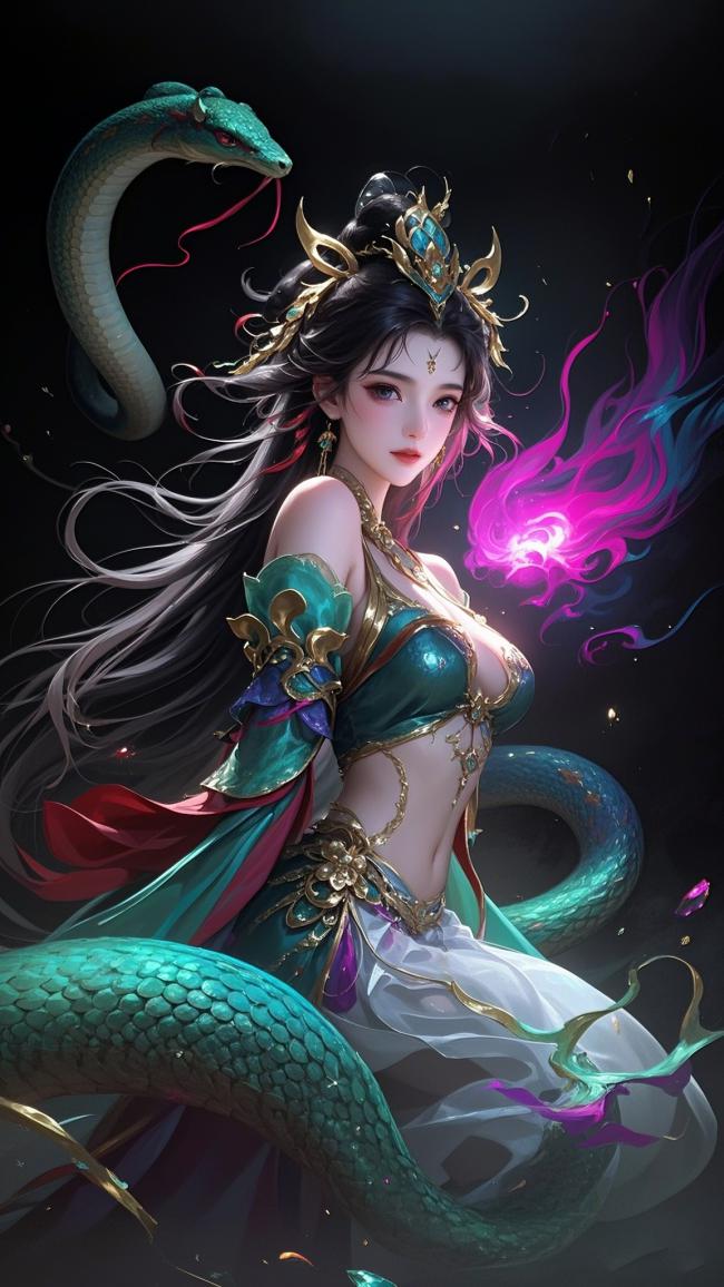 仙侠女神与青蛇共舞的奇幻插画
