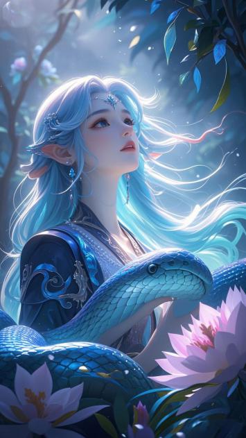 蓝发仙子与灵蛇共舞月下花海