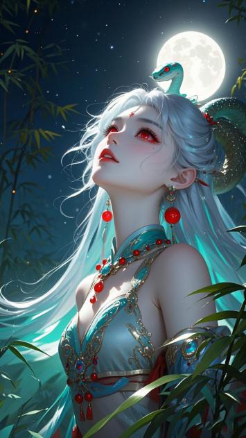 月夜竹林仙子，红瞳银发配灵蛇发簪