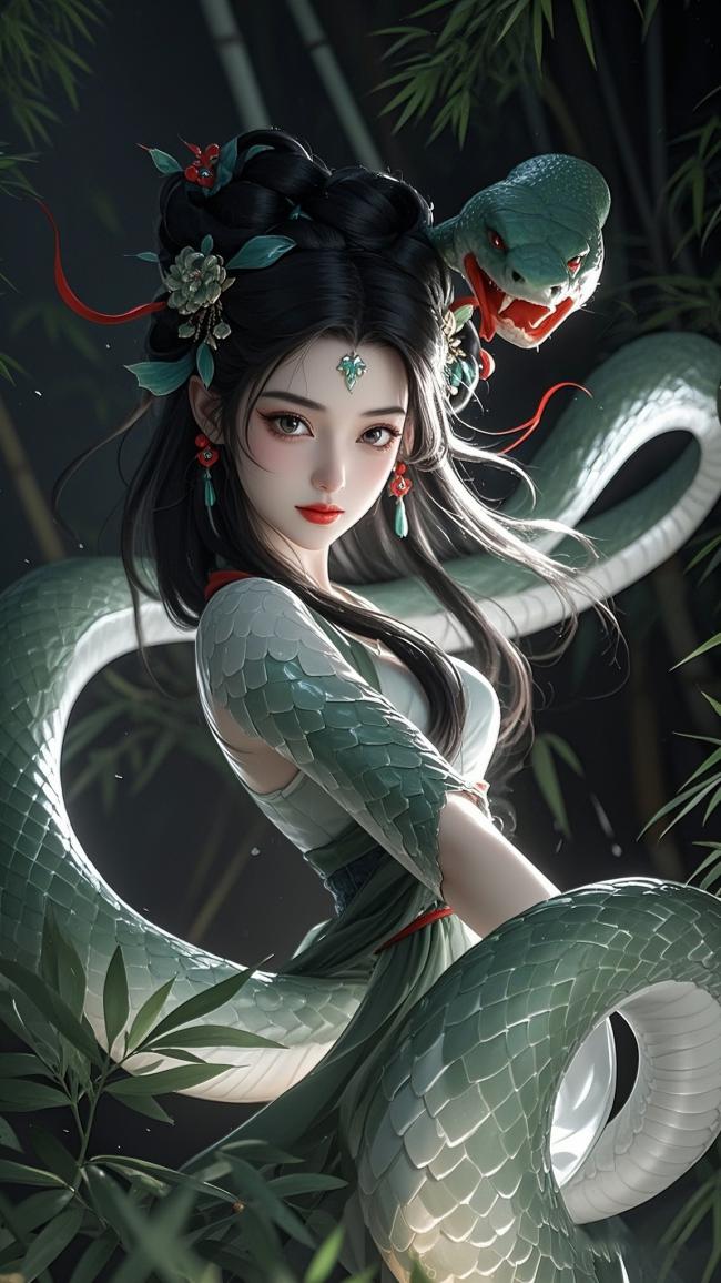 青蛇缠身古风仙子，竹影幽境工笔重彩