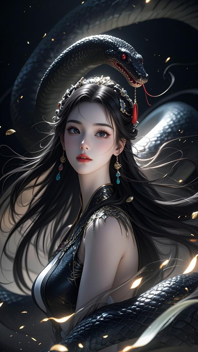 黑蛇缠身的东方仙姬奇幻插画