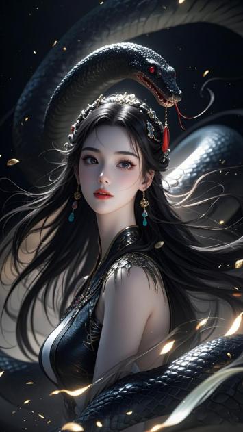 黑蛇缠身的东方仙姬奇幻插画