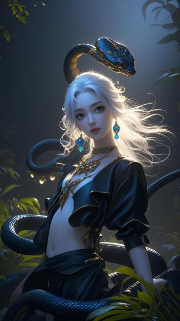 蛇神银发女巫：丛林秘境奇幻肖像
